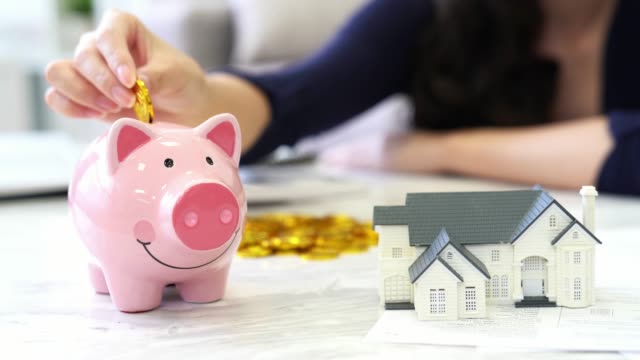 Frau-in-Rosa-Piggy-Bank-Geld-sparen