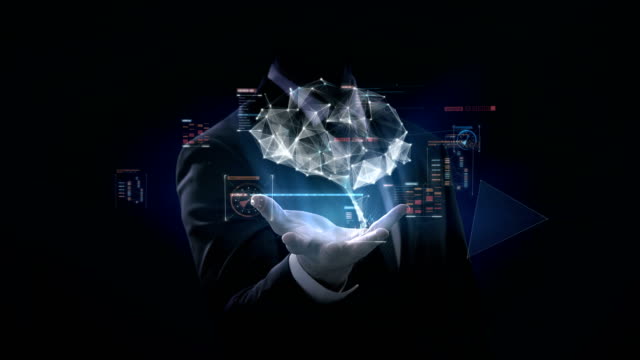 Businessman-opens-palm,-Brain-connect-digital-lines-with-digital-interface.-grow-artificial-intelligence.-4k-movie.
