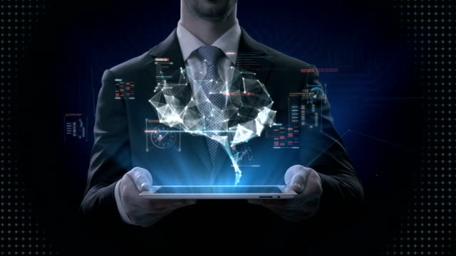 Businessman-lifting-tablet,-Brain-connect-digital-lines-with-digital-interface.-grow-artificial-intelligence.-4k-movie.