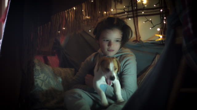 4k-Shot-of-Child-under-Blanket-Playing-with-his-Puppy-Pet