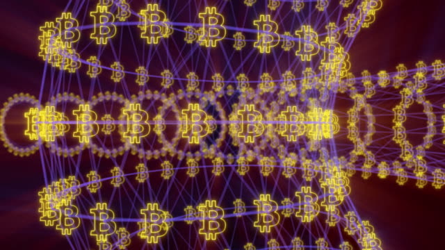 Krypto-Währung-Bitcoin-innerhalb-der-digitalen-Blockchain.-Verschiedene-Mappen-und-Bücher-sind-zusammen-in-einem-dezentralen-Netzwerk-verbinden.