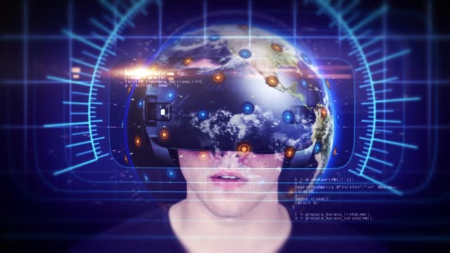 Hübsche-junge-Mann-trägt-VR-Headset-und-erlebt-virtuelle-Realität.-Schleife.