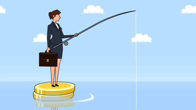 Flat-cartoon-businesswoman-character-fisher-with-fishing-rod-floating-on-dollar-coins-finance-businesss-concept
