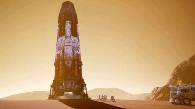 Astronauten-gehen-nach-der-Landung-in-einer-Rakete-auf-den-Rover.-Panoramalandschaft-auf-der-Oberfläche-des-Mars.-Realistische-filmische-Animation.