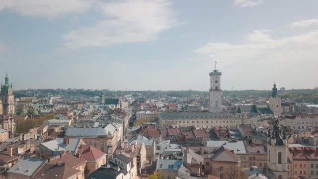 Aerial-City-Lviv,-Ukraine.-European-City.-Popular-areas-of-the-city.-Town-Hall