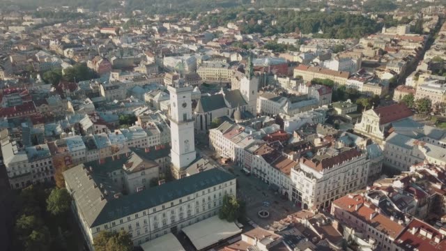 Aerial-City-Lviv,-Ukraine.-European-City.-Popular-areas-of-the-city.-Town-Hall
