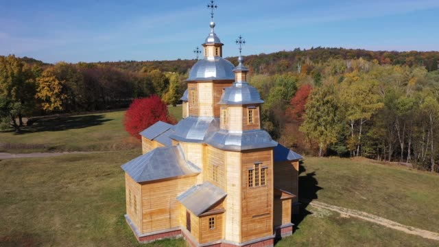 Aerial-view.-Wooden-orthodox-church.-Drone