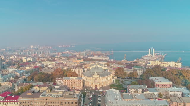 Aerial-view-of-Odesa-city-center-downtown-revealing-Odessa-Opera-and-Ballet-Theater-and-seaport
