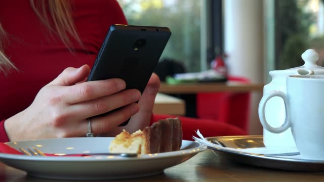 A-woman-sits-at-a-table-with-meal-in-a-cafe-and-works-on-a-smartphone---closeup