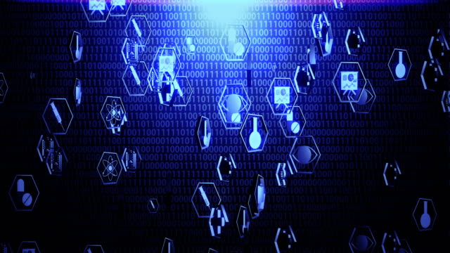 3D-Medizintechnik-Icons-Spinnen-in-Sechskant-Grenze-schweben-auf-dem-zufälligen-Binärcode-Hintergrund-mit-blauer-Beleuchtung