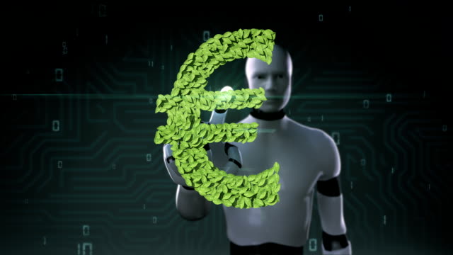 Cyborg-robot-tocando-el-símbolo-del-Euro,-la-hoja-verde-de-las-hojas.