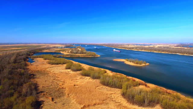 Drone-shot-of-Don-river-near-Rostov-on-Don-on-a-spring-morning.