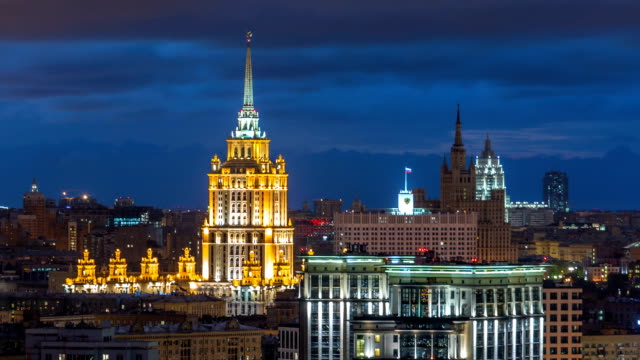 Ukraine-hotel-timelapse,-government-building-and-stalin-skyscraper-at-night-in-Moscow,-Russia,-top-view