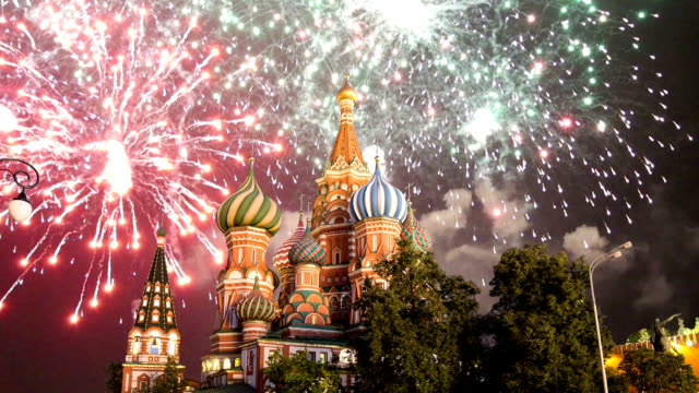 Cathedral-of-Intercession-of-Most-Holy-Theotokos-on-the-Moat-(-Temple-of-Basil-the-Blessed)-and-fireworks,--Red-Square,-Moscow,-Russia