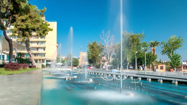 Singing-and-dancing-fountains-timelapse-on-the-Republic-Square.-Antalya,-Turkey