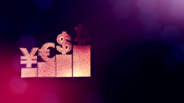 Zeichen-der-Pfund-Dollar-Yen-Bitcoin-auf-Spalten.-Finanzieller-Hintergrund-aus-Glühen-Teilchen-als-Vitrtual-Hologramm.-Glänzende-Schleife-3D-Animation-mit-Tiefe-Feld,-Bokeh-und-Kopie.-Violettem-Hintergrund-1