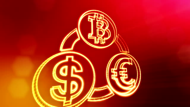 symbol-bitcoin-euro-and-dollar-in-a-circular-bunch.-Financial-background-made-of-glow-particles.-Shiny-3D-seamless-animation-with-depth-of-field,-bokeh-and-copy-space..-Red-color-v2