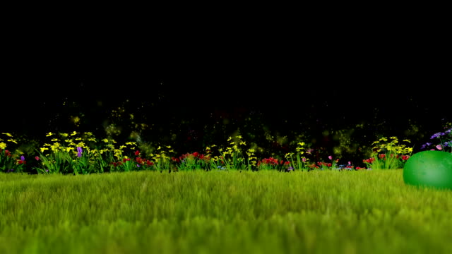 Easter-eggs-ongreen-meadow-over-blue-sky,-particles-flying