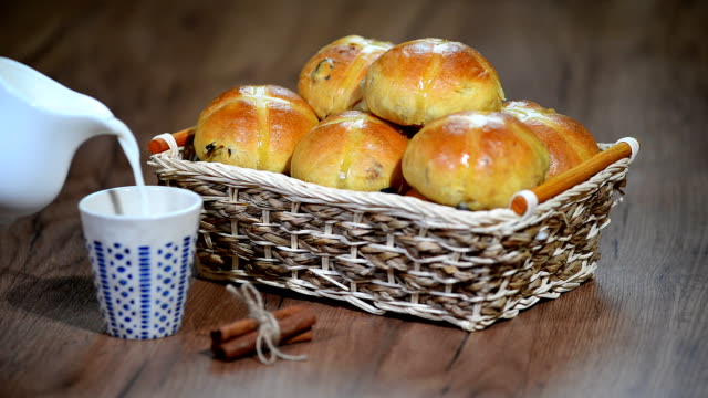 Easter-Hot-Cross-Buns-in-a-Basket.-Pour-milk-into-a-Cup