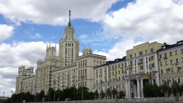 Drone-shot-of-soviet-Stalinist-style-skyscraper-in-Moscow-Russia