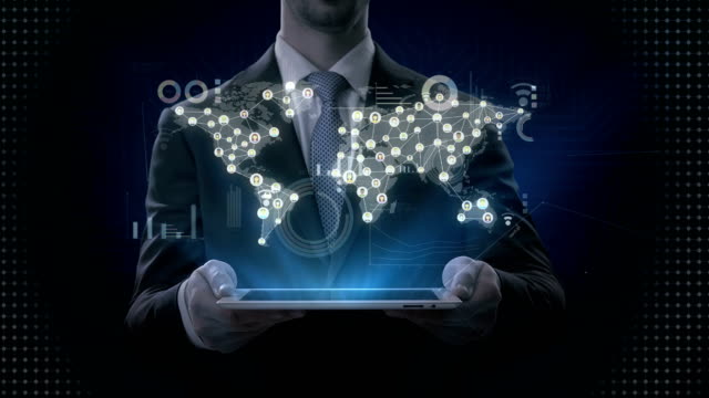 Businessman-lifting-tablet,-Dots-connecting-line,-dots-makes-global-world-map,-internet-of-things.-4k-movie.