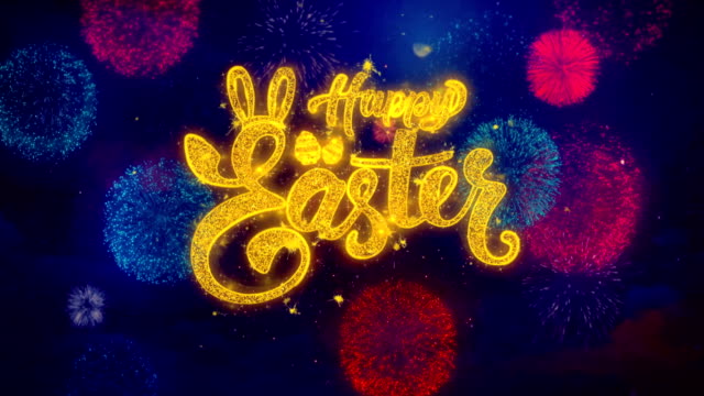 Feliz-Pascua-saludo-texto-chispa-partículas-en-fuegos-artificiales-de-colores