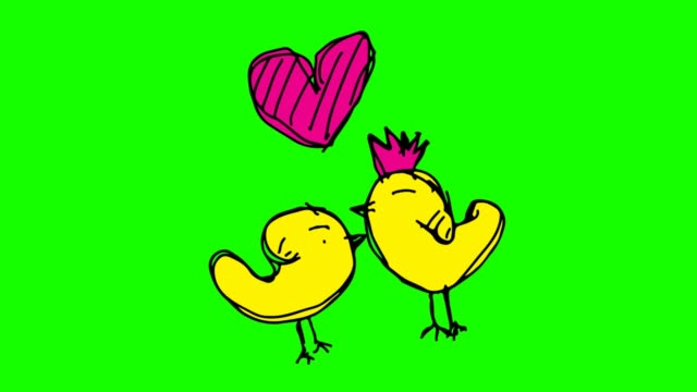 Kinder-Zeichnung-grünen-Hintergrund-mit-Thema-Huhn-und-Liebe