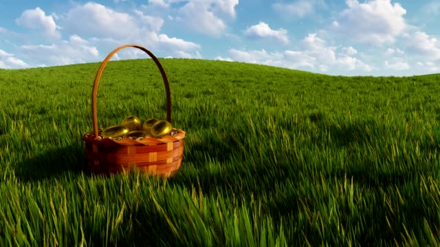 Cesta-de-Pascua-con-huevos-de-color-dorado-entre-hierba-verde-primer-plano