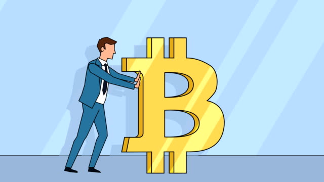 Flat-cartoon-businessman-character-pushes-a-bitcoin-sign-money-concept-animation-with-alpha-matte