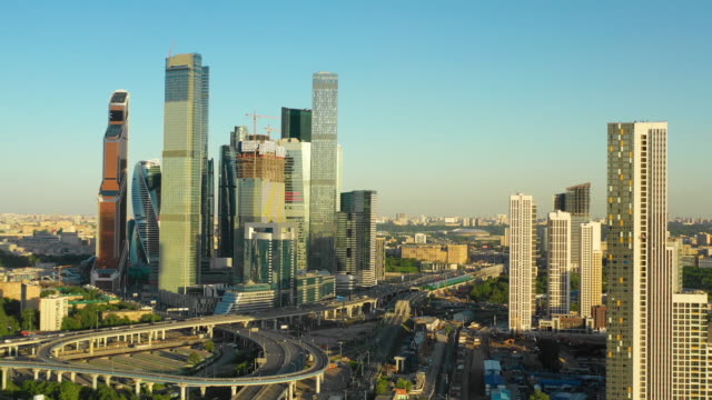 Aerial-view-of-Moscow-city-skyscrapers-at-sunset
