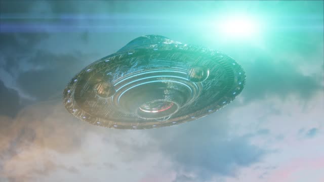 ufo-fliegende-Untertasse-auf-dunklem-Hintergrund.-3D-Rendern