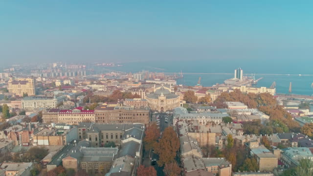 Cinematic-aerial-view-on-Odessa-city-downtown-with-Opera-House-Theater