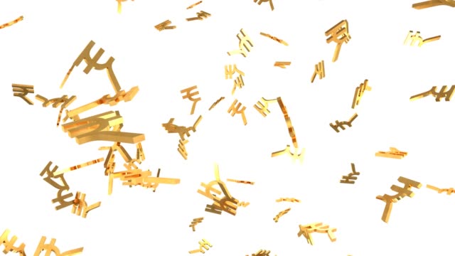 Glänzende-goldene-Rupee-Zeichen-fallen-nach-unten-in-Zeitlupe-3D-Animation---4K-nahtlose-Loop-Motion-Hintergrund-Animation