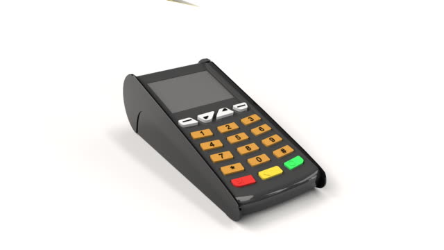 Payment-terminal-mock-up.-Payment-by-gold-credit-card.-Online-transaction.-Gold-pos-terminals-for-credit-card-payments.-4k