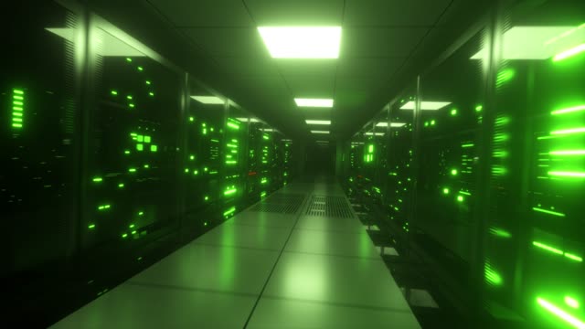 Endless-flight-along-server-blocks.-Data-center-and-internet.-Server-rooms-with-working-flickering-panels-behind-the-glass.-Technology-corridor.-Camera-shaking.-Seamless-loop-3d-render