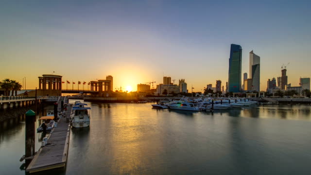 Sunrise.-Yachts-and-boats-at-the-Sharq-Marina-timelapse-in-Kuwait.-Kuwait-City,-Middle-East