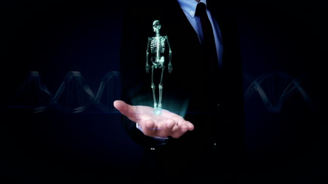 Geschäftsmann-offene-Palme,-Rotierende-menschliche-Skelettstruktur,-Knochensystem,-Röntgen.