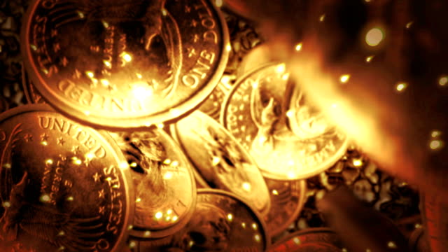 One-Dollar-coins-flight-on-liquid-gold-background