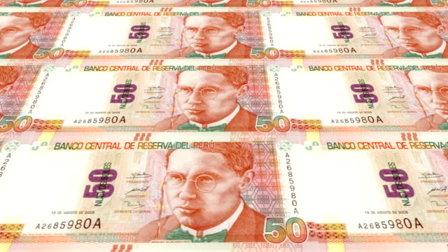 Banknoten-der-fünfzig-peruanischen-Sohlen-von-Peru,-Bargeld,-Schleife