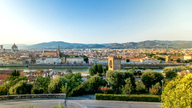 Schöne-Landschaft-oberhalb-Timelapse,-Panorama-auf-historischen-Blick-auf-Florenz-vom-Piazzale-Michelangelo-zeigen.-Italien