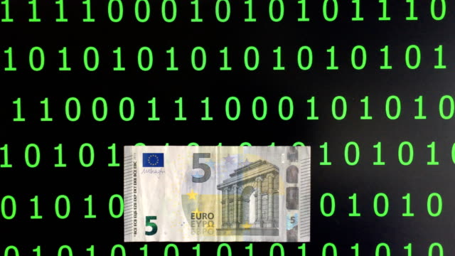 Euro-Banknote-unter-Binärcode-Hintergrund,-Kryptowährung-Konzept.