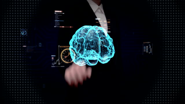 Empresaria-tocar-cerebro-digital,-puntos-forma-conectada-del-cerebro,-líneas-digitales-en-interfaz-del-indicador-digital,-crecer-futuro-inteligencia-artificial.
