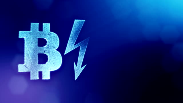 Bitcoin-Symbol-und-Blitz-Bolzen.-Finanzieller-Hintergrund-aus-Glühen-Teilchen-als-Vitrtual-Hologramm.-Glänzende-nahtlose-3D-Animation-mit-Tiefe-von-Feld,-Bokeh-und-Kopie-Raum.-Blaue-Farbe-v2