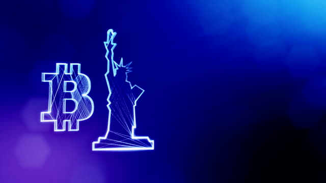 Logotipo-de-Bitcoin-y-una-estatua-de-la-libertad.-Fondo-financiero-hecho-de-partículas-de-brillo-como-holograma-vitrtual.-Animación-loop-3D-brillante-con-la-profundidad-de-campo,-bokeh-y-copia.-Color-azul-v2