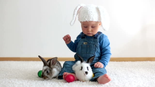 Little-toddler-child,-baby-boy,-playing-with-bunnies-and-easter-eggs-at-home,-colorful-hand-drawings-on-the-eggs.