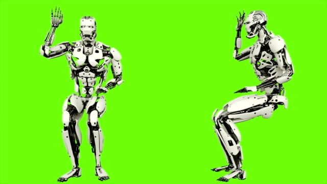 Android-Roboter-ist-die-Frage.-Realistische-geschlungene-Bewegung-auf-green-Screen-Hintergrund.-4K