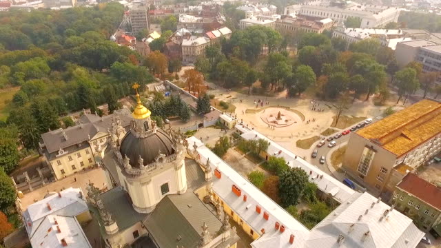 Aerial-view-.-Beautiful-view-of-the-city-and-the-magnificent-Catholic-temple-from-a-bird's-eye-view.-Ukraine