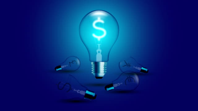 Alphabet-weißglühende-Glühlampe-schlagende-Bewegung-einschalten-eingestellte-Währung-USD-(US-Dollar)-Symbol-Konzept-Glühen-in-blauen-Gradienten-Hintergrund-nahtlose-Schleife-Animation-4K-mit-Textfreiraum