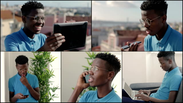 Collage-des-Menschen,-der-am-Telefon-spricht,-mit-Video-Chat-auf-Tablet