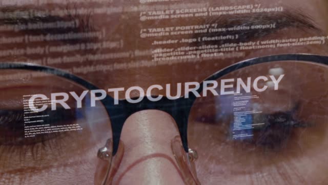 Cryptocurrency-text-on-background-of-female-developer